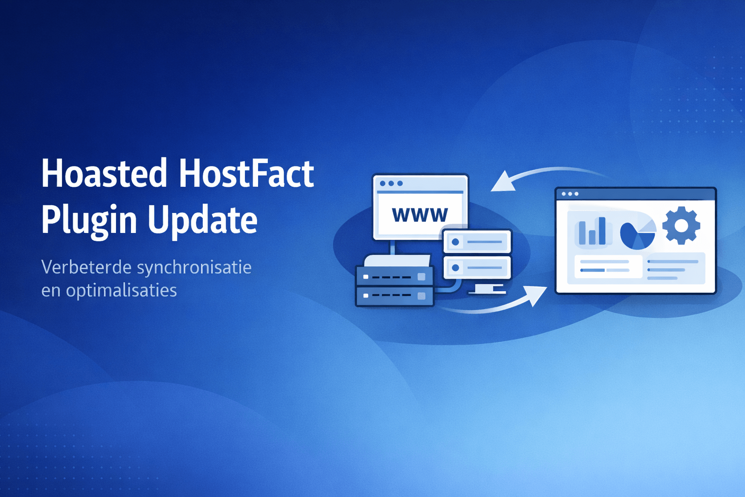 Illustratie van synchronisatie tussen domeinen, hostingaccounts en een backend dashboard via de Hoasted HostFact plugin.