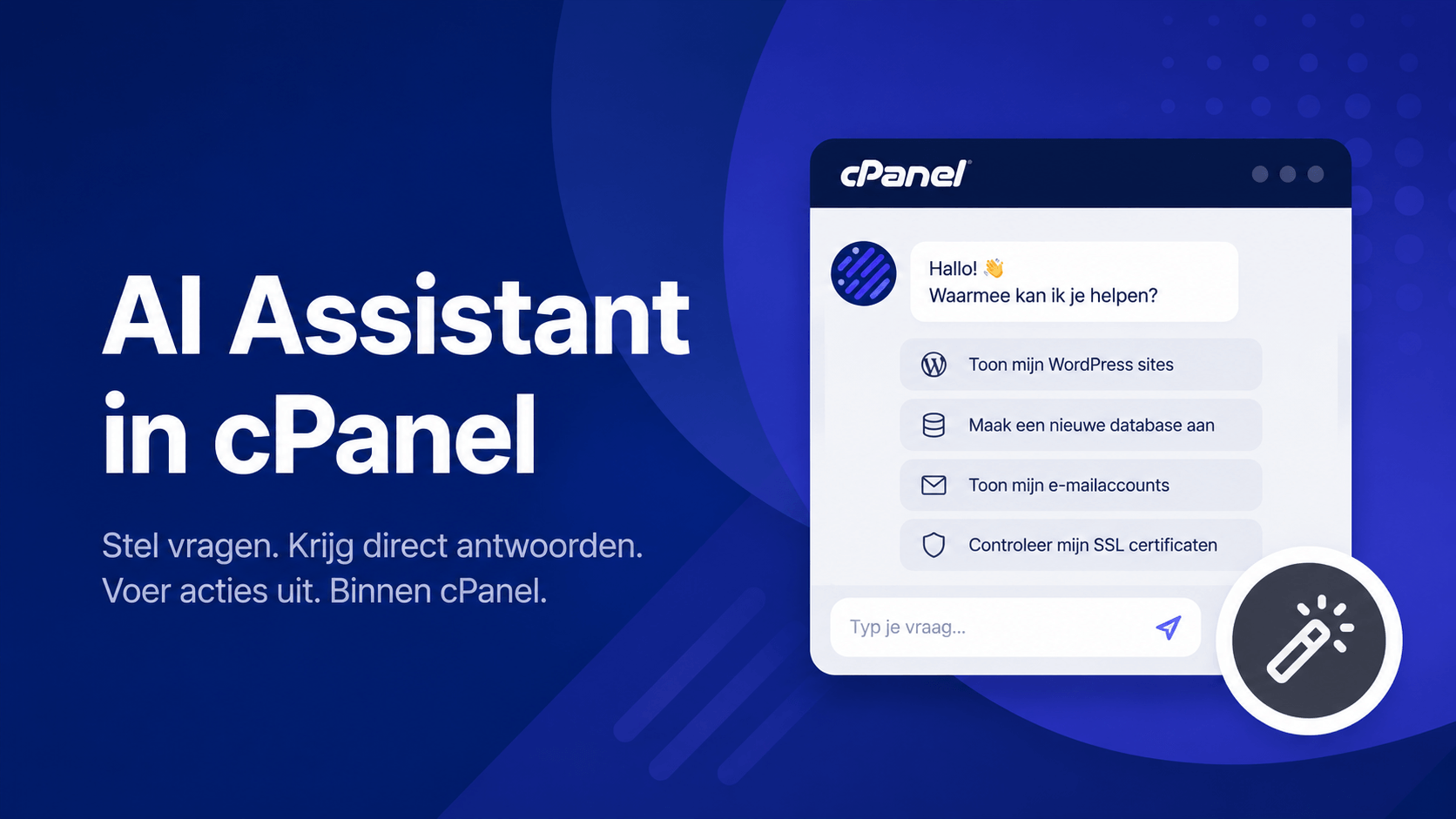 AI Assistant in cPanel waarmee je vragen kunt stellen en hostingtaken sneller kunt uitvoeren