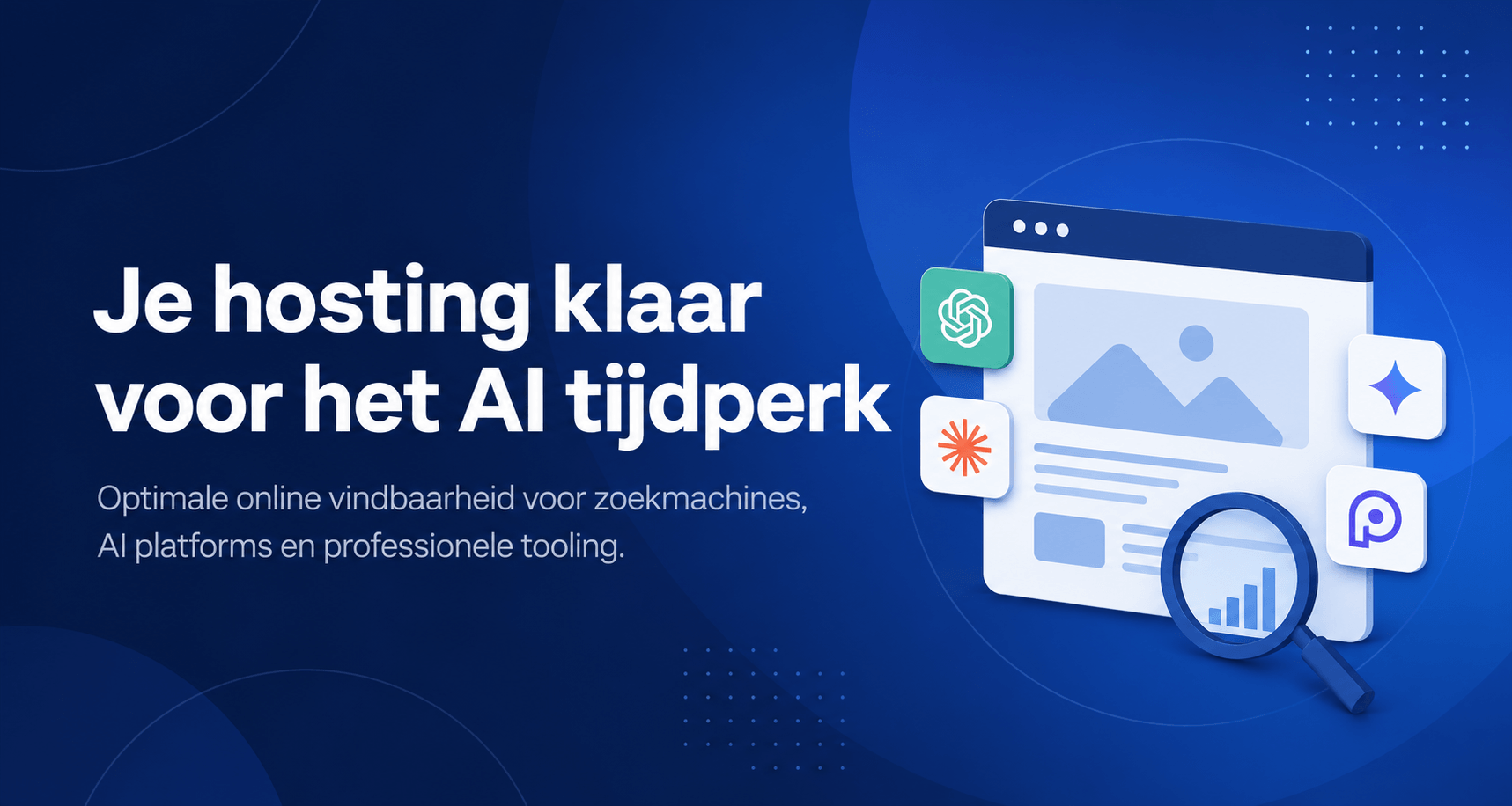 Illustratie van AI vriendelijke hosting met ondersteuning voor AI platforms, zoekmachines en professionele tooling.